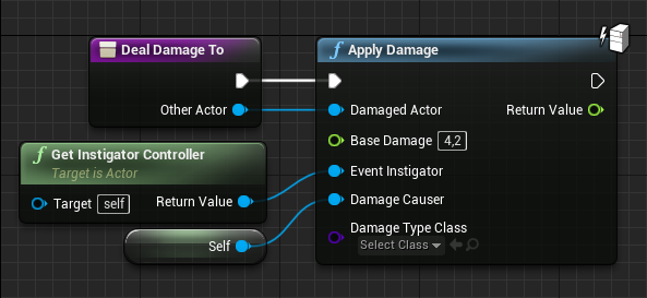 A call to ApplyDamage in blueprint with the relevant arguments