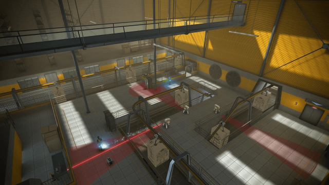 An action-loaded gameplay overview of Term1nal, where the main character is being shot by a guard turret after getting spotted.