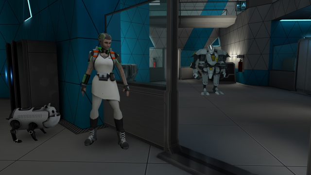 An image of the game character and companion hiding from an enemy guard.